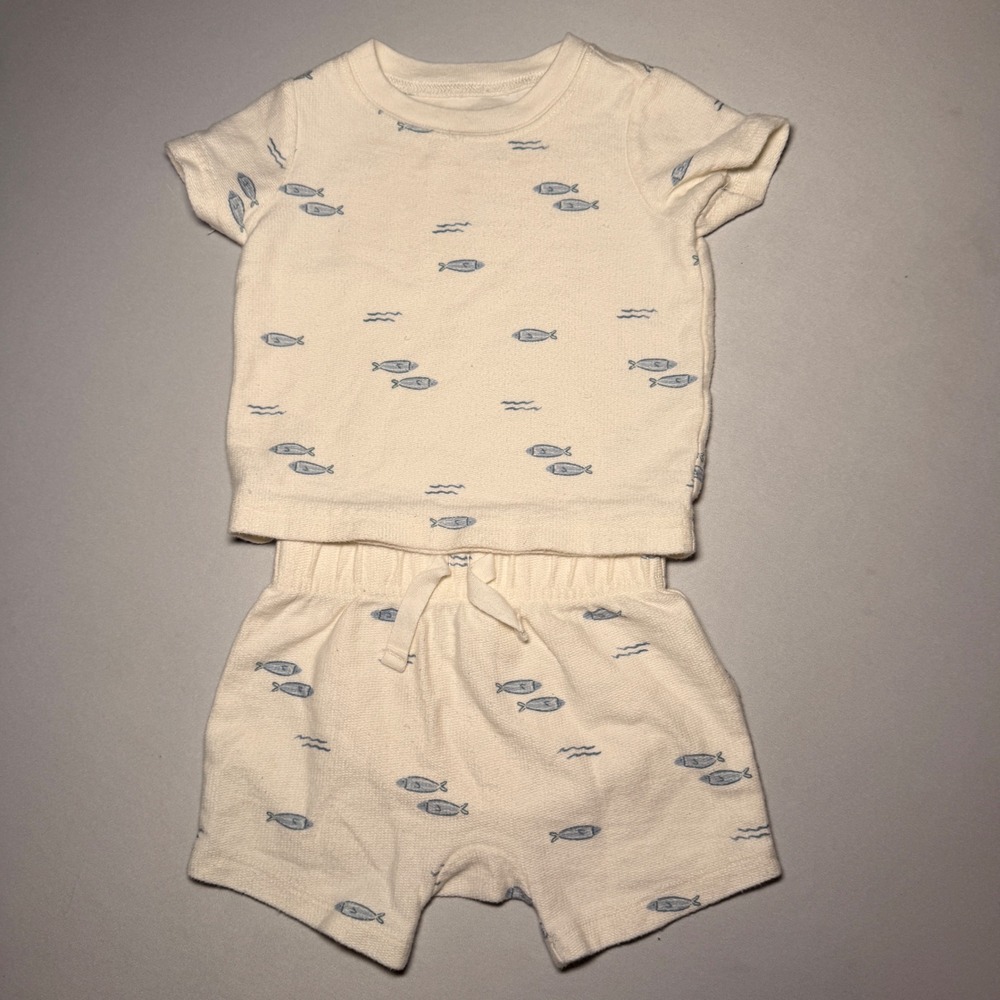 Carters Vacation Outfit Set Boy 6M Cream Blue Fish Print Nautical Cotton Knit